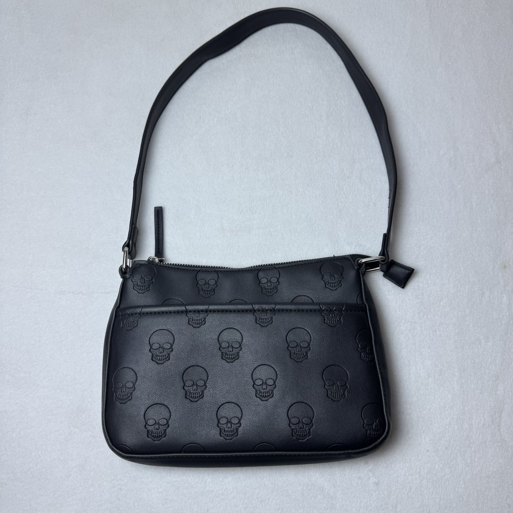 Mad Engine Black All Over Skull Embossed Shoulder Bag Purse Faux Leather Goth